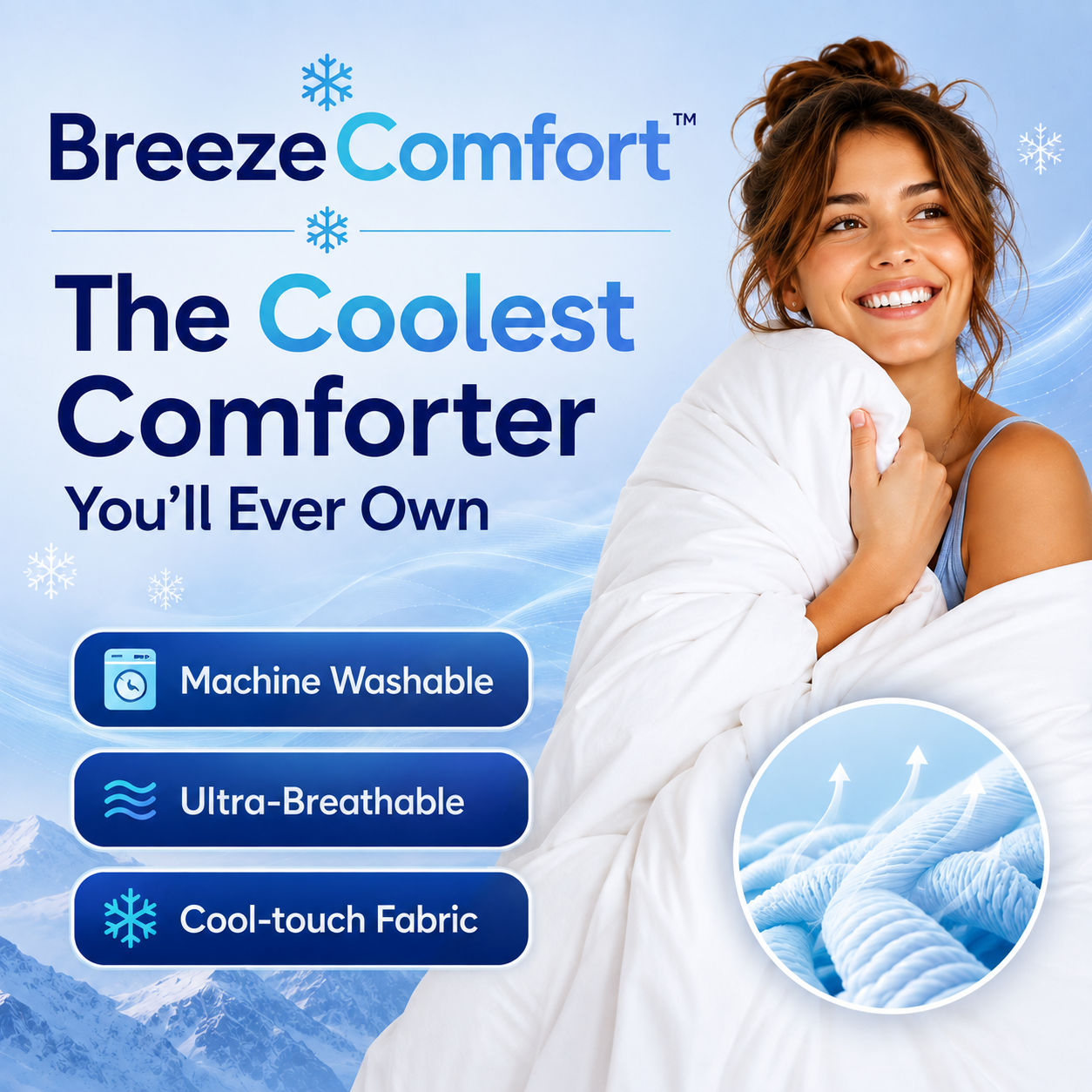 Woman resting under the BreezeComfort dual-sided cooling comforter