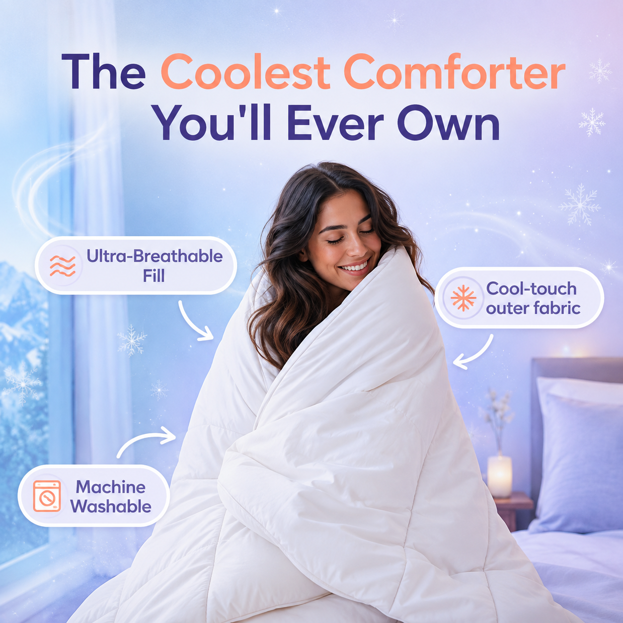 Breathable fill and cool-touch fabric callouts